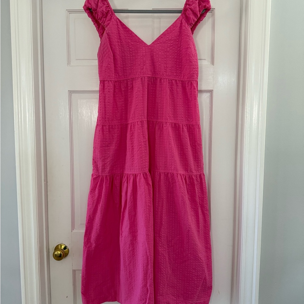 Hot Pink Seersucker Midi Dress